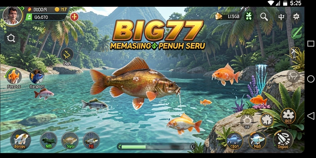 Tampilan gameplay <strong>BIG77</strong> saat memancing di lokasi indah.
