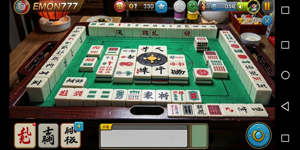 Tampilan gameplay EMON777 yang menampilkan ubin Mahjong berwarna-warni.