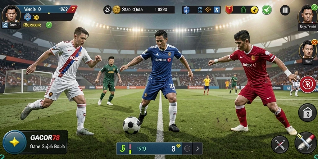 Tampilan gameplay menarik dari GACOR78 dengan aksi sepak bola intens.