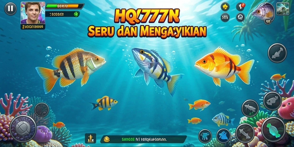 Tampilan gameplay HQ777 yang menampilkan aksi menembak ikan di lautan.