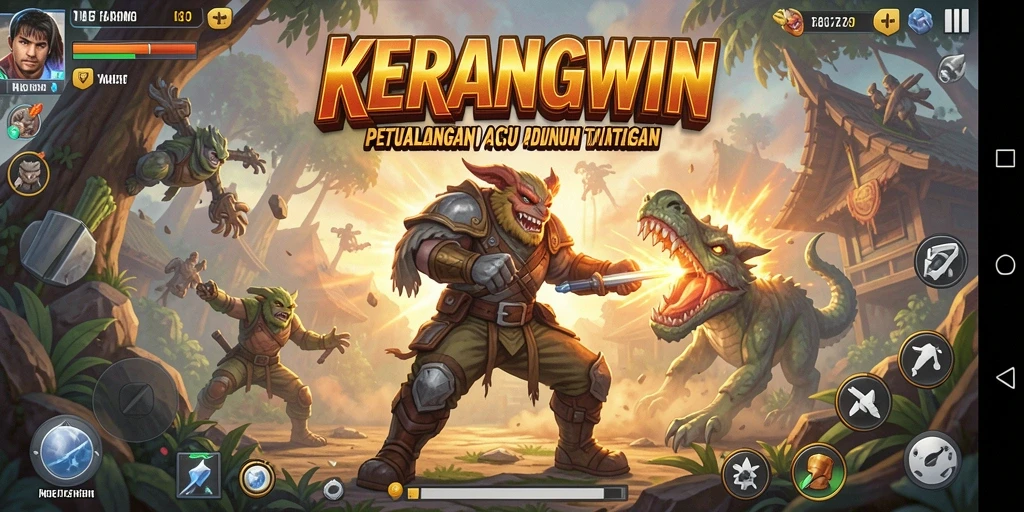 Tampilan gameplay mendebarkan KERANGWIN saat bertarung melawan musuh.