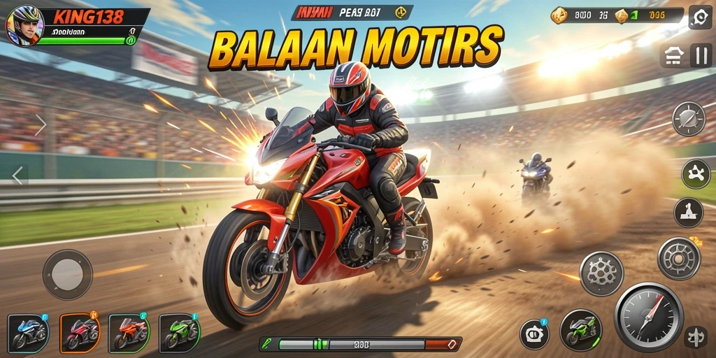 Screenshot utama KING138 menampilkan pemain tengah balapan motor di trek menantang.