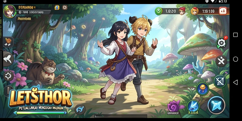 Screenshot gameplay LETSTHOR menampilkan karakter anime beraksi di dunia fantasi.