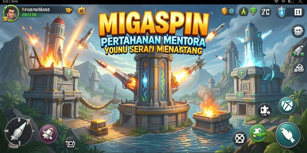 Tampilan gameplay MIGASPIN yang mendebarkan dalam pertahanan menara.