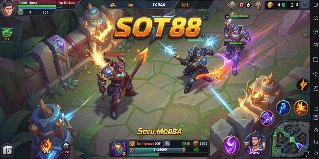 Tampilan gameplay menarik dari SLOT88 yang menunjukkan pertempuran MOBA.