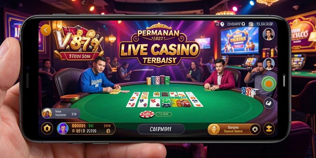 Screenshot V87 menampilkan dealer secara langsung dalam permainan Live Casino.