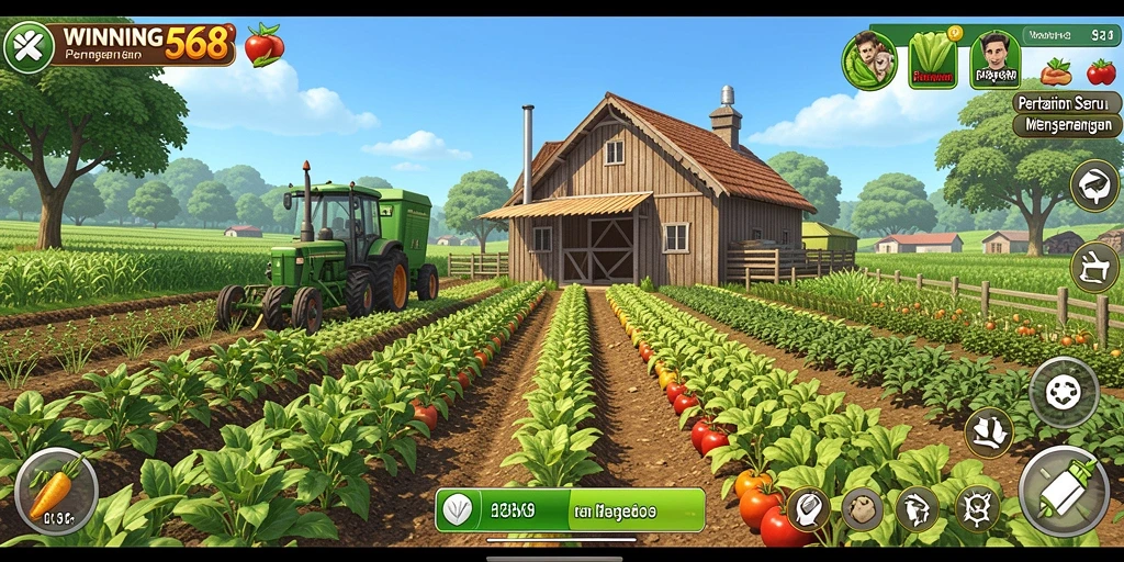 Tampilan screenshot WINNING568 menampilkan ladang pertanian yang subur dan animasi hewan.